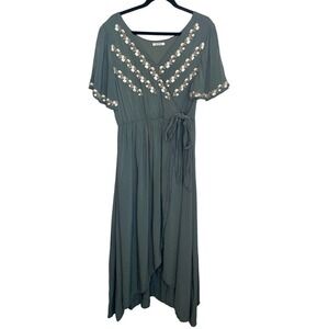 Wren & Ivory Sage Green Floral Embroidered Wrap Short Sleeve Maxi Dress Sz Large